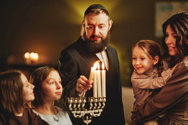 Portrait Orthodox Jewish Man Lighting Menorah Candle Family Hanukkah Celebration — Stock Photo, Image