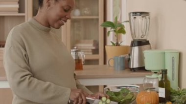 Afro-Amerikan hamile kadının karnını okşarken sıcak bir dairede öğle yemeği için kasede taze yeşil salata yapmasını.