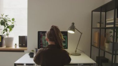 İş yerindeki bilgisayarda kodlama yaparken kollarını arkaya uzatan ve boynu dönen kadın programcının arka plan görüntüsü.