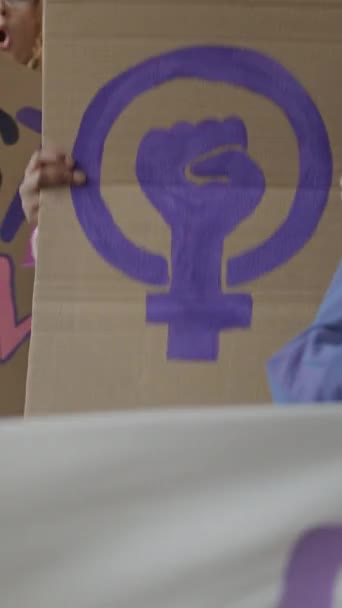 Вертикальный Медленный Снимок Неузнаваемой Группы Активных Феминисток Демонстрирующих Плакаты Баннеры — стоковое видео