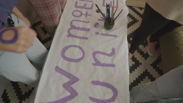 Top View Slowmo Unrecognizable Diverse Female Activists Putting Fists Purple — Stock Video