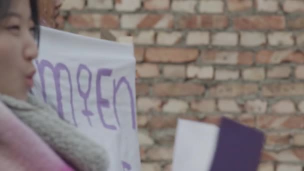 Team Multiethnischer Demonstrantinnen Mit Demonstrationsplakaten Und Transparenten Den Händen Die — Stockvideo