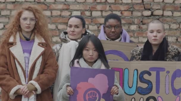 Retrato Lento Médio Equipe Etnicamente Diversificada Jovens Ativistas Com Cartazes — Vídeo de Stock