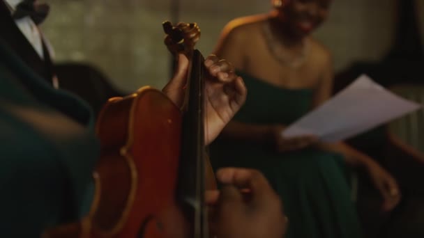 Tanımlanamayan Zenci Caz Müzisyeninin Parmaklarıyla Keman Çalarken Bando Ile Loş — Stok video