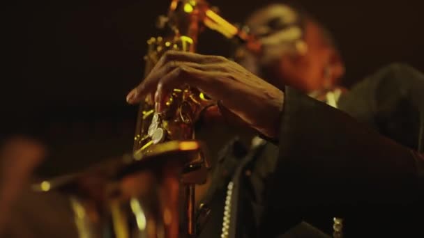 Plan Angle Bas Jeune Musicienne Jazz Afro Américaine Jouant Saxophone — Video