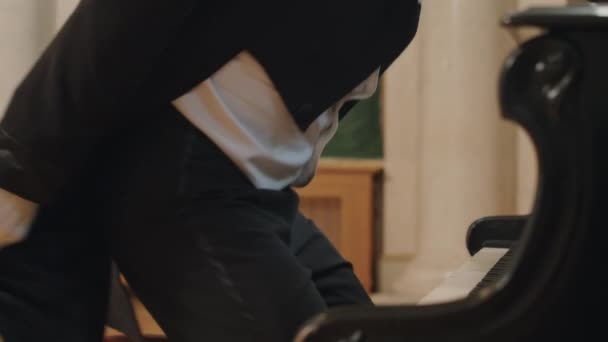 Cropped Slowmo Unrecognizable Male Musician Wearing Black Tuxedo Suit White — Stock Video