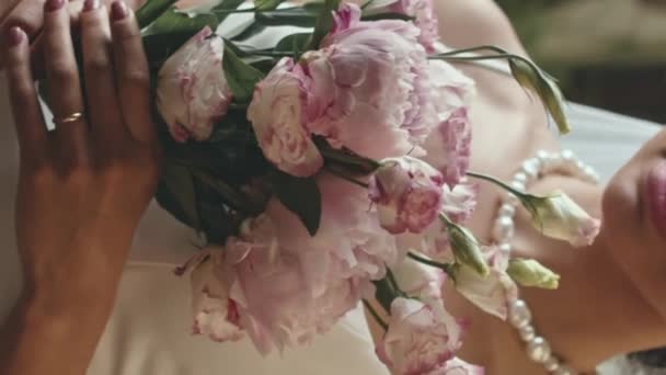 Tilt Vertical Portrait Elegant Young Biracial Bride Tender Flower Bouquet — Stock Video