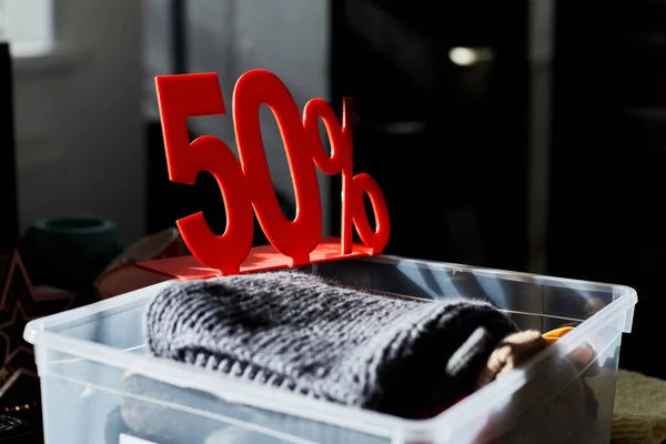 Close Clothes Bin Second Hands Store Percent Sale Sign Copy — Stock Photo, Image
