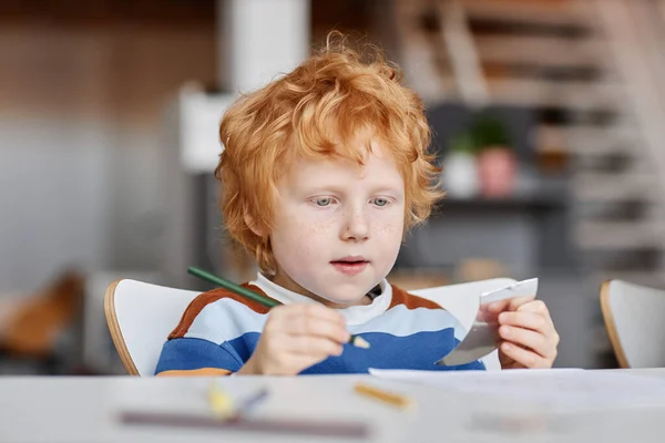 Cute Diligent Gingerhaired Learner Nursery School Crayon Dark Green Color — Stock Photo, Image