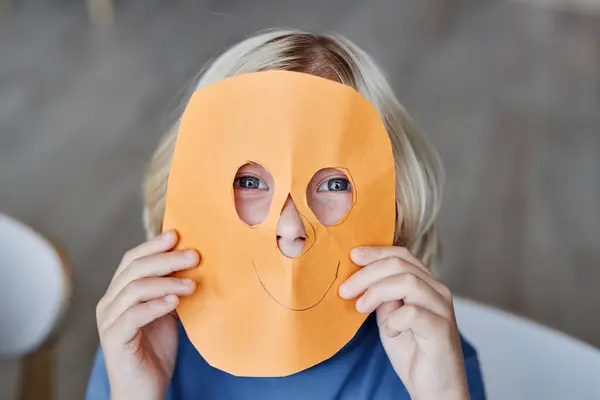 Cute Blond Little Boy Looking Holes Yellow Paper Face Mask — Stock Photo, Image