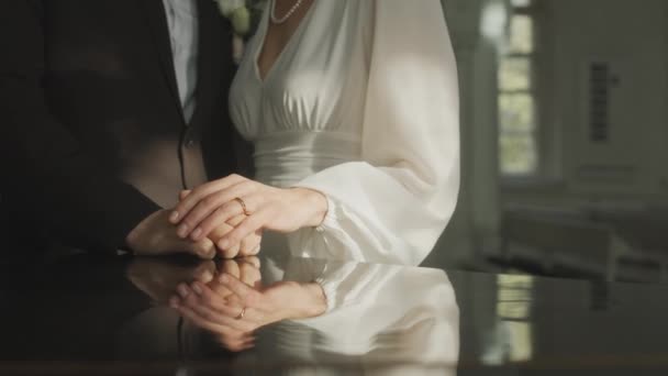 Cropped Shot Unrecognizable Newlywed Couple Elegant Wedding Costumes Holding Hands — Stock Video