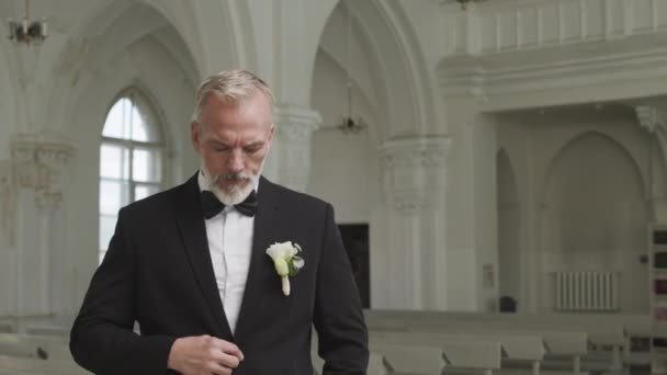 Medelhögt Porträtt Vacker Vit Gråhårig Skäggig Brudgum Elegant Kostym Och — Stockvideo