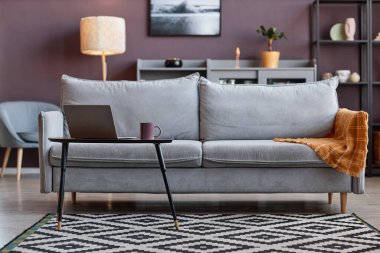 Leylak rengi duvarlı, yumuşak gri kanepenin arka plan görüntüsü, boşluğu kopyala