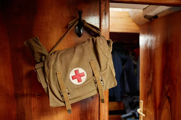 Close First Aid Kit Wooden Wall Train Yacht Interior Copy — Stock Photo, Image