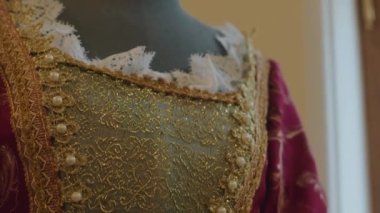 Rönesans ya da Viktorya Dönemi 'nin görkemli burgundy elbisesinin altın işlemeli ve manken desenli fotoğrafını çeken hiç kimse yok.