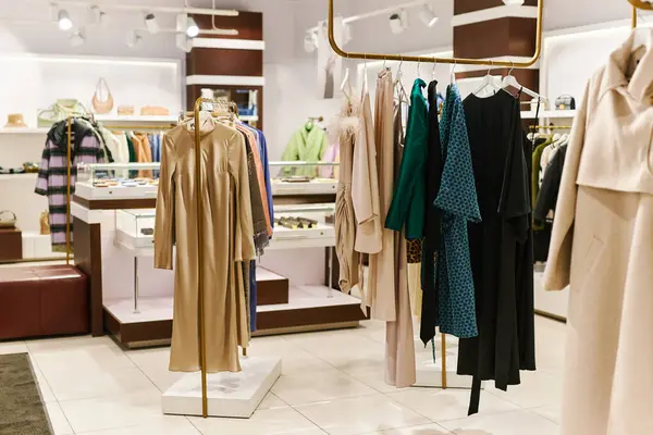 Background image of luxury clothing boutique interior at shopping mall, copy space