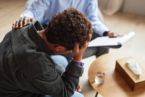 Stressed Depressed Teenage Boy Drained Exams Visiting Psychologist — Stock Photo, Image