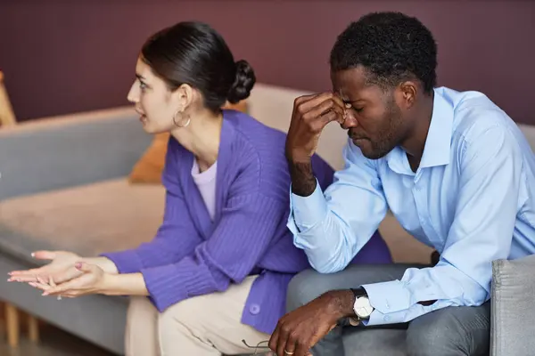 Husband Suffering Headache Listening His Wife Talking Psychologist — Stock Photo, Image