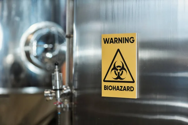 Close Warning Biohazard Sign Storage Tank Chemical Factory Copy Space — Stock Photo, Image