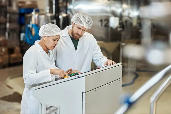 Portrait Two Workers Wearing Lab Coats Operating Equipment Food Factory — Stock Photo, Image