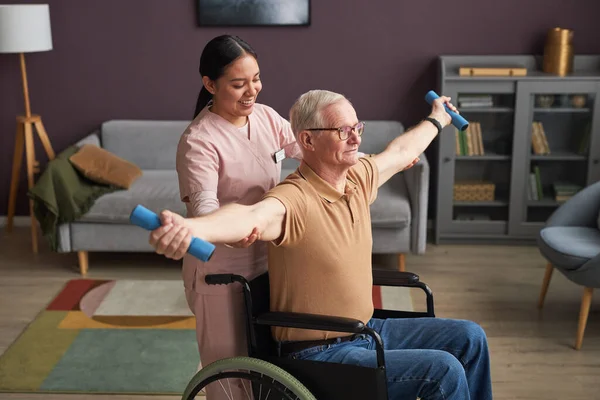 Senior Man Disability Sitting Wheelchair Doing Exercises Dumbbells Together Social — Stock Photo, Image