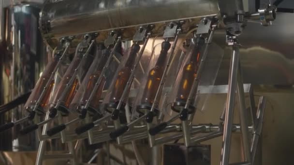 Bira Fabrikasında Paslanmaz Çelikten Yapılmış Otomatik Bira Şişesi Doldurma Makinası — Stok video