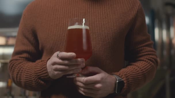 ステンレススチールビールの生産設備を背景に屋内で立っている新鮮なクマのガラスを保持する編まれた赤レンガ色のカラーセーターを身に着けている認識できないマイクロブルワリーオーナーのクロップ — ストック動画