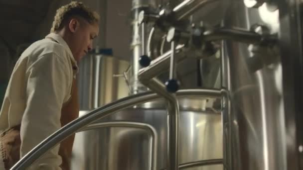 ステンレス製醸造タンクを開設し 発酵過程を確認するBiracial女性醸造所労働者の中型ショットを追跡 — ストック動画