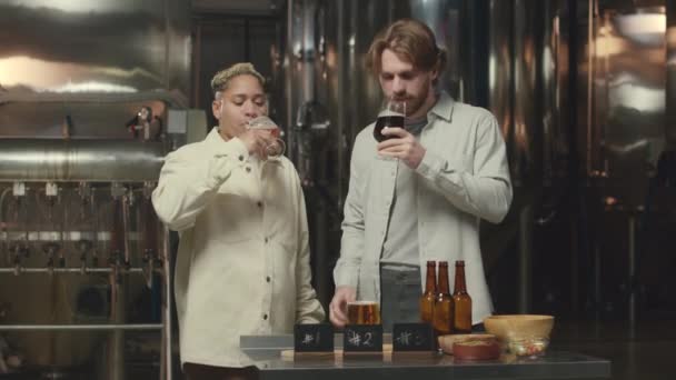 醸造所の工場でメタルテーブルに立って 新しい種類のビール 議論をする醸造所のスタッフの中型ショット — ストック動画