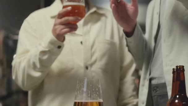 2つの多様なビール専門家がマイクロブルワリーでの排気中に新しい種類のビールをテスト — ストック動画