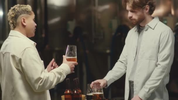 ミディアムショット マイクロブルワリーでビールの排気中に会話をしながら手で新しい種類のビールのガラスで2つのプロの多民族ブリューマスター — ストック動画