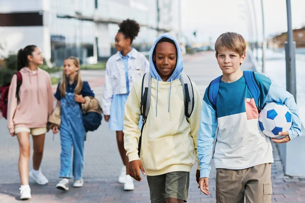 Group Intercultural Adolescent Secondary School Learners Casualwear Walking Street While — Stock Photo, Image