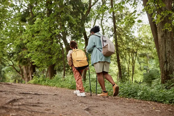 Back View Black Mother Daughter Hiking Together Nature Walking Uphill — Stock Photo, Image