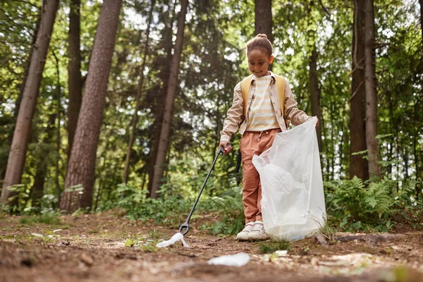 Full Length Portrait Smiling Little Girl Picking Trash Nature Trail — Stock Photo, Image