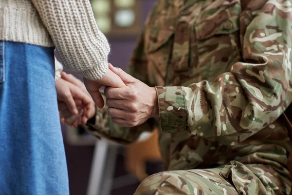 Close Military Dad Holding Hands Daughter Bonding Moment — Stock Photo, Image