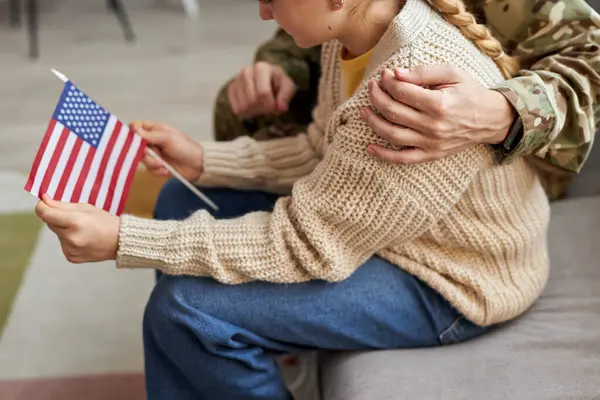 High Angle Closeup Teen Girl Holding American Flag Military Father — Stock Photo, Image