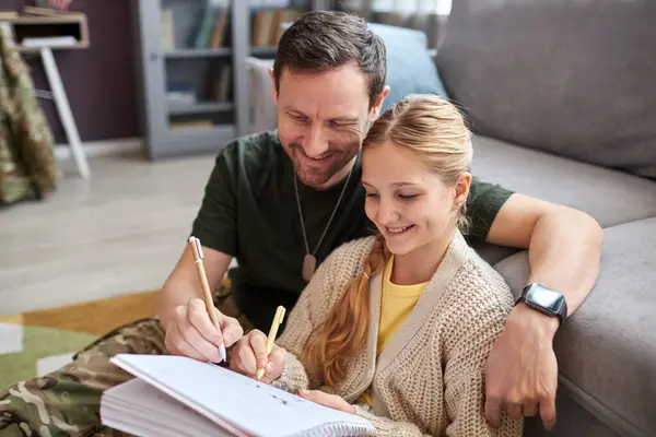 Portrait Caring Military Father Helping Daughter Doing Homework Smiling Happily — Stock Photo, Image