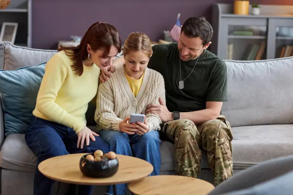 Portrait Family Three Father Serving Military Using Smartphone While Sitting — Stock Photo, Image