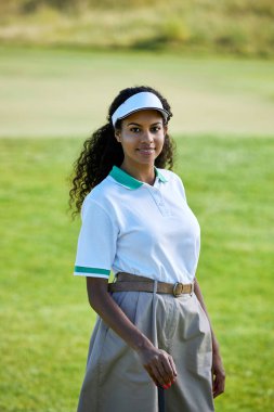 Açık havada golf oynayan ve aktif giysi giyen gülümseyen zenci kadının dikey portresi.