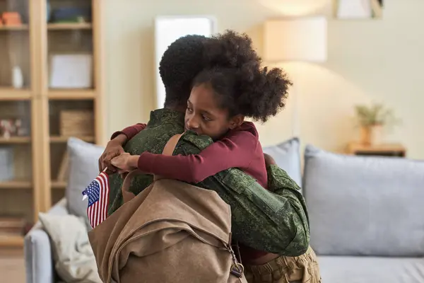 Child Accompanying Dad War She Embracing Him Saying Goodbye While — Stock Photo, Image