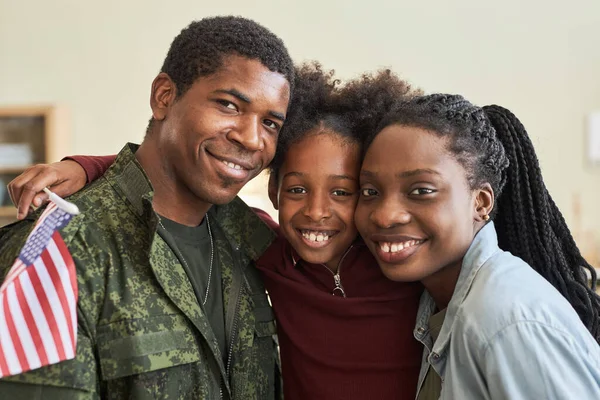 Portrait African American Family Happy See Military Dad Embracing Smiling — Stock Photo, Image