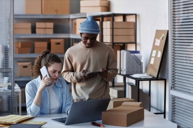 İki genç kültürler arası yönetici mobil cihazlar kullanırken, kadın müşterilerden yeni siparişler alıyor ve meslektaşı veri girişi yapıyor.