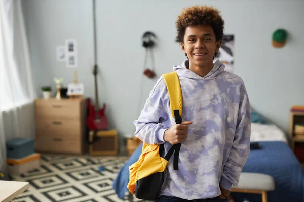Happy Teenage Boy Stylish Hoodie Holding Yellow Backpack Shoulder While — Stock Photo, Image