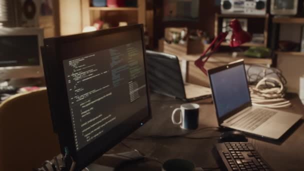 People Shot Programming Codes Appearing Black Desktop Computer Monitor 80S — Stock Video
