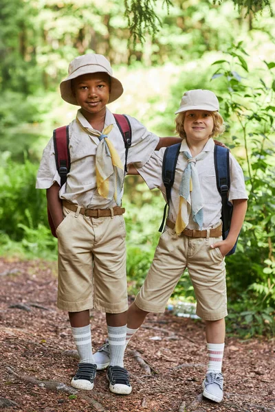 Vertical Full Length Portrait Two Cute Boy Scouts Looking Camera — Stock Photo, Image