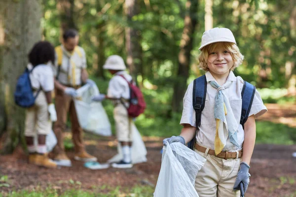 Waist Portrait Cute Boy Scout Helping Clean Forest Smiling Camera — Stock Photo, Image
