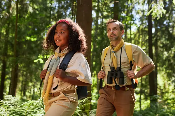 Waist Portrait Cute Girl Scout Hiking Forest Adult Leader Scene — Stock Photo, Image