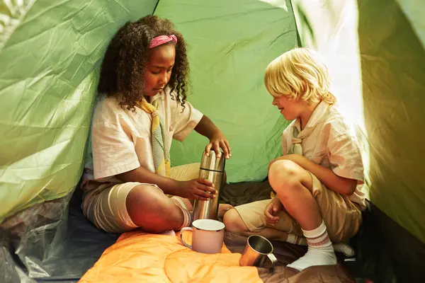 Full Length Portrait Two Young Scouts Sitting Tent Drinking Tea — Stock Photo, Image