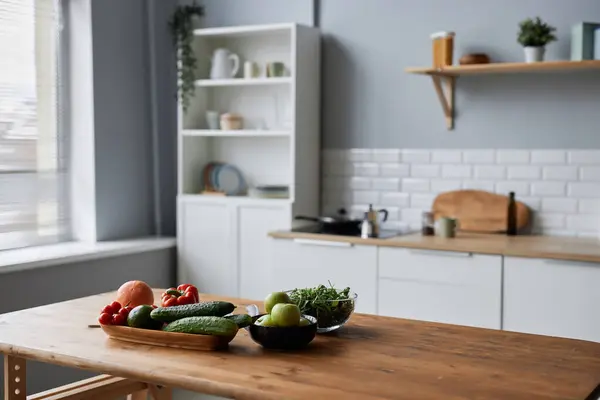 Hintergrundbild Von Frischem Gemüse Zum Kochen Bereit Auf Holztisch Minimaler — Stockfoto