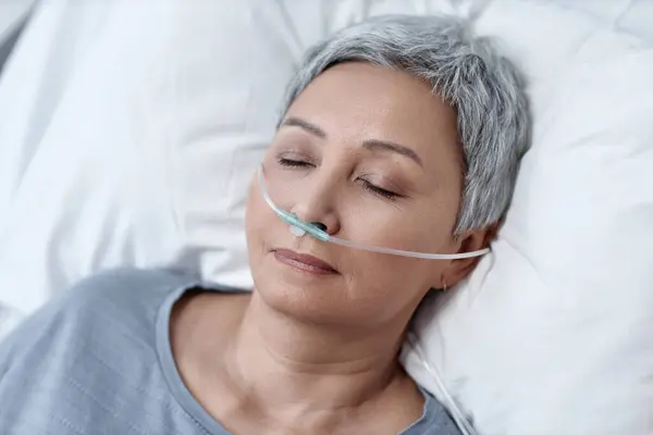 High Angle View Unconscious Mature Woman Breathing Artificially Tube Lying — Stock Photo, Image